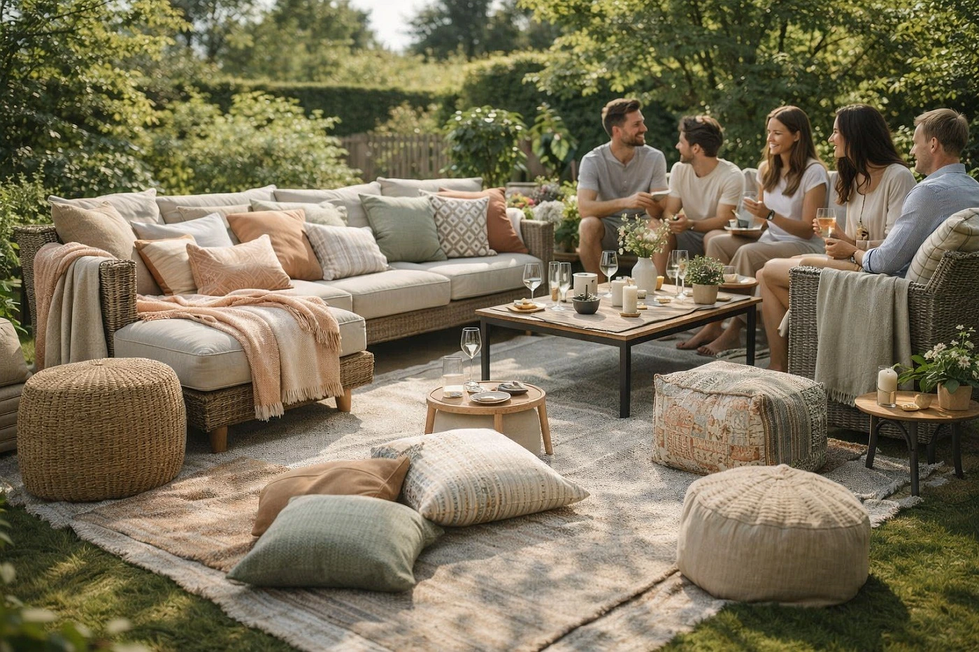 Das Bild zeigt Personen die im Garten feiern. Sitzend auf einer Loungegruppe mit vielen Kissen und Dekodecken